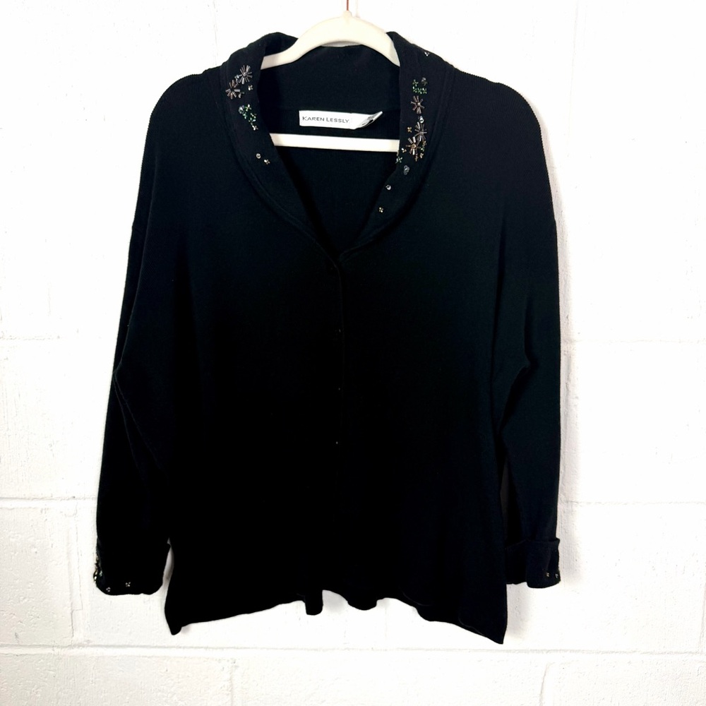 Karen Lessly Cardigan Shawl Collar Black Boxy Sequin Embellished Artsy Glam 3X